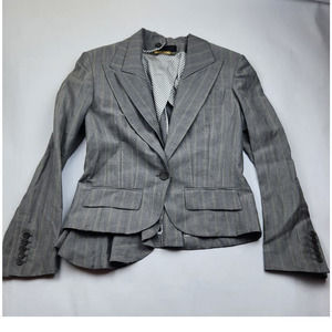 Yigal Azrouel Blazer Asymmetrical Ruffled Trim Gray Striped 4 Detachable Ruffle